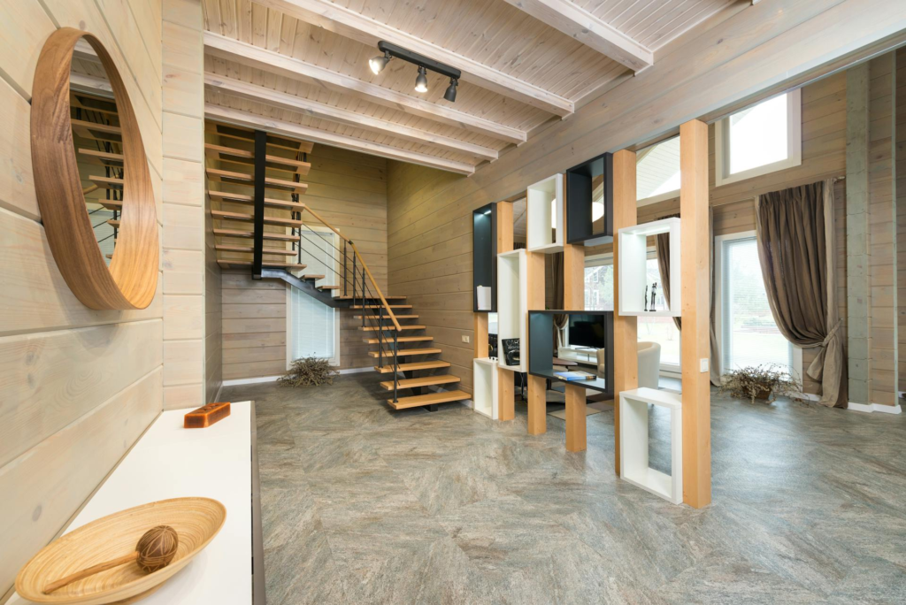 Cozy modern living room with luxury stair railings